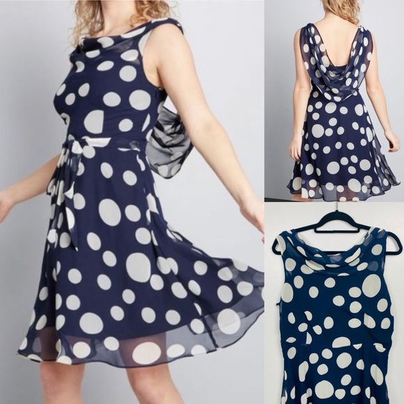 Liza Luxe Blue White polka dot Drape Back MODCLOTH Dress size XXS XX-Small - Picture 2 of 10